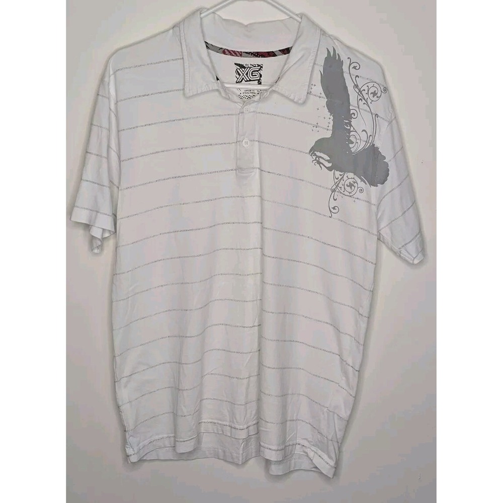 XG Graphic Polo Shirt‎ Preppy White Striped Eagle Design 2 Button Up Shirt Large